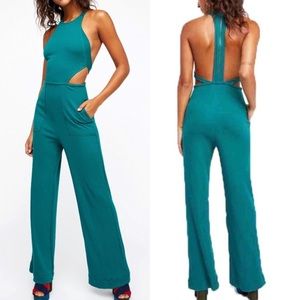 Free People jumpsuit ribbed wide leg green tank sleeveless side cut outs